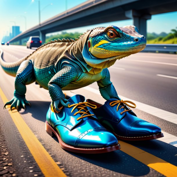 Drawing of a monitor lizard in a shoes on the highway