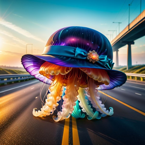 Imagen de una medusa en un sombrero en la carretera