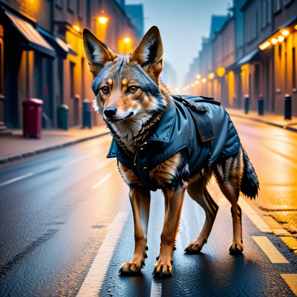 Foto de um chacal em um casaco na estrada