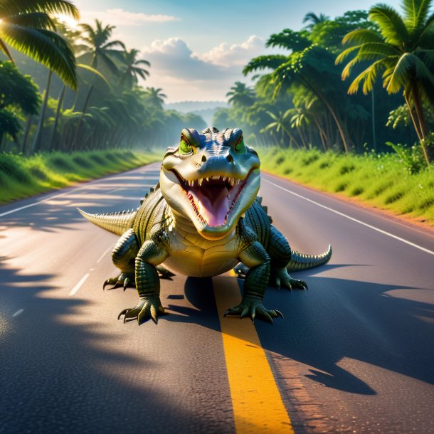 Pic of a dancing of a crocodile on the road