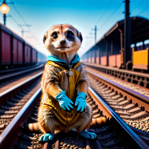 Photo of a meerkat in a gloves on the railway tracks