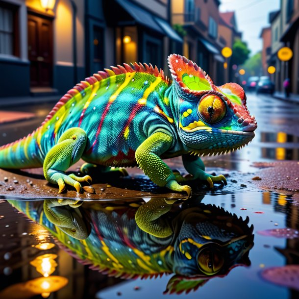 Pic of a playing of a chameleon in the puddle