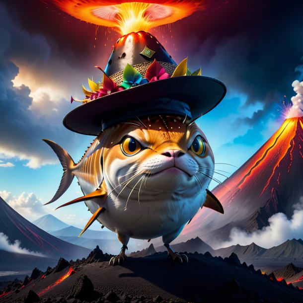 Photo of a tuna in a hat in the volcano