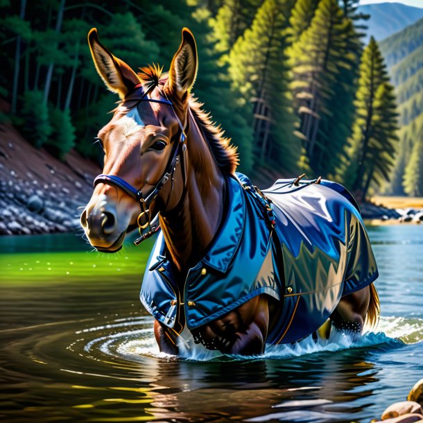 Picture of a mule in a jacket in the water