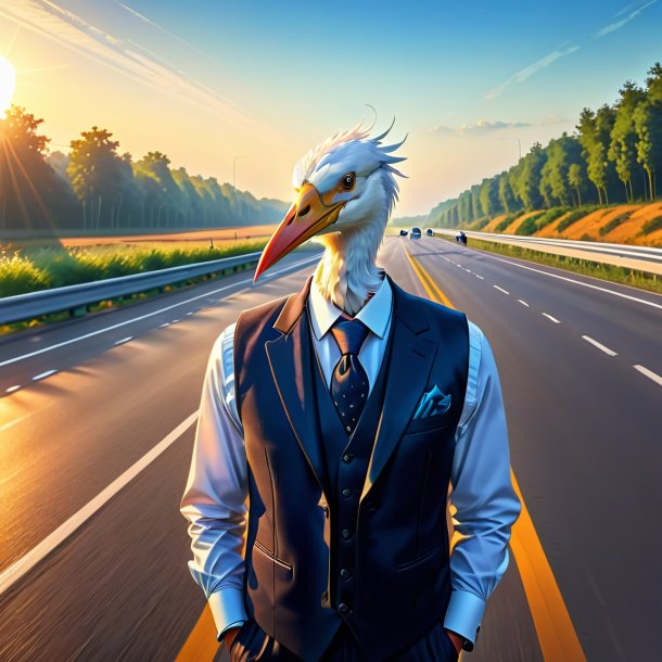 Dessin d'une cigogne dans un gilet sur l'autoroute