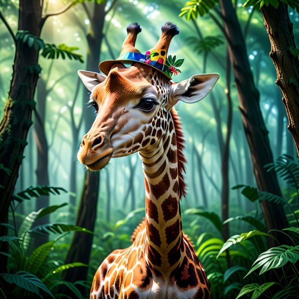 Image of a giraffe in a hat in the forest