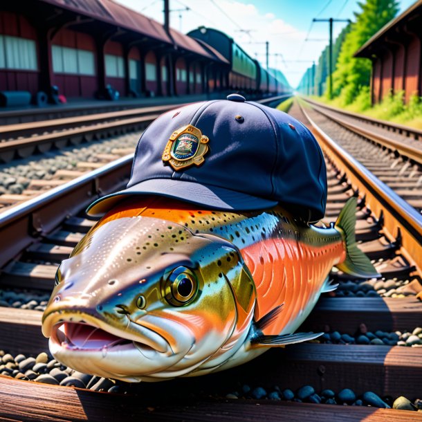 Photo d'un saumon dans un chapeau sur les voies ferrées