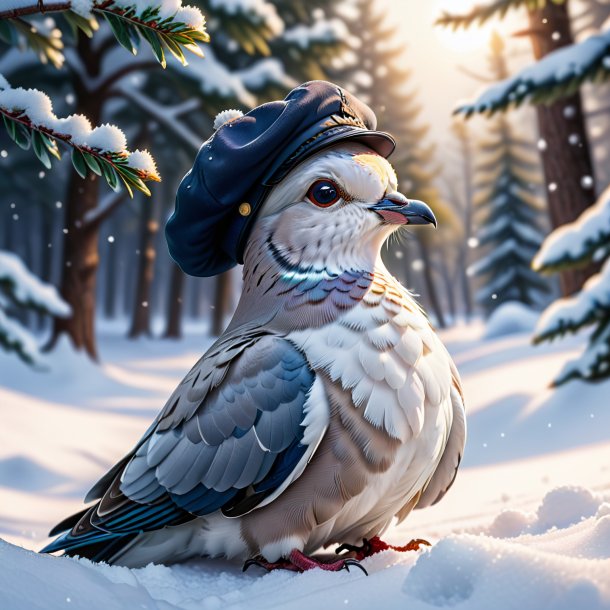 Illustration of a dove in a cap in the snow