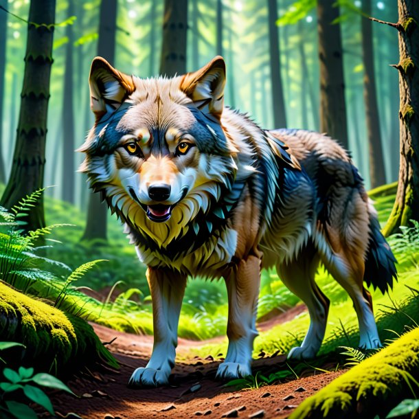 Image of a playing of a wolf in the forest