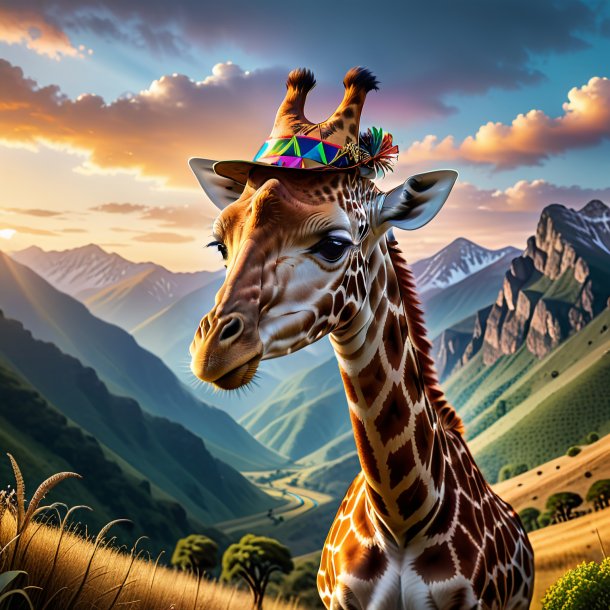 Photo of a giraffe in a hat in the mountains