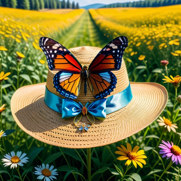 Foto de uma borboleta em um chapéu no prado