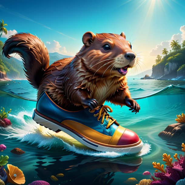 Illustration of a beaver in a shoes in the sea