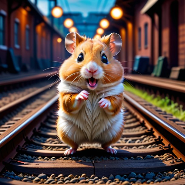 Foto de uma dança de um hamster nos trilhos ferroviários