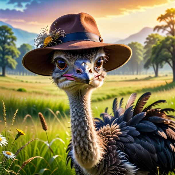 Photo of a ostrich in a hat in the meadow