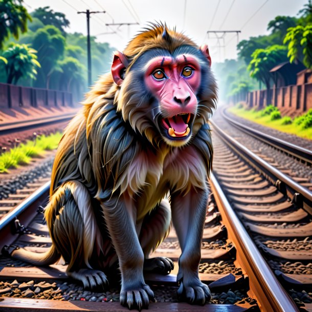 Foto de un llanto de un babuino en las vías del tren