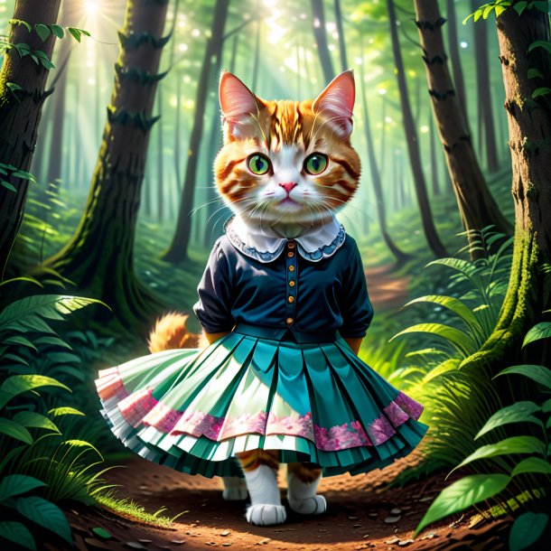 Ilustración de un gato en una falda en el bosque