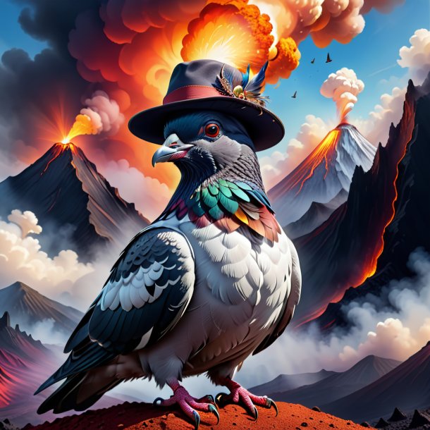 Drawing of a pigeon in a hat in the volcano