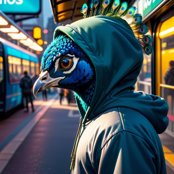 Image of a peacock in a hoodie on the bus stop