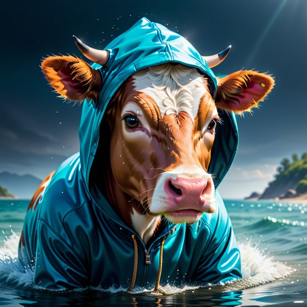 Image of a cow in a hoodie in the water