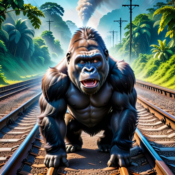 Photo of a crying of a gorilla on the railway tracks