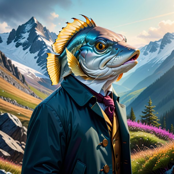 Drawing of a haddock in a coat in the mountains