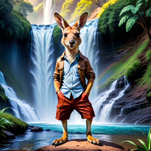 Photo of a kangaroo in a trousers in the waterfall