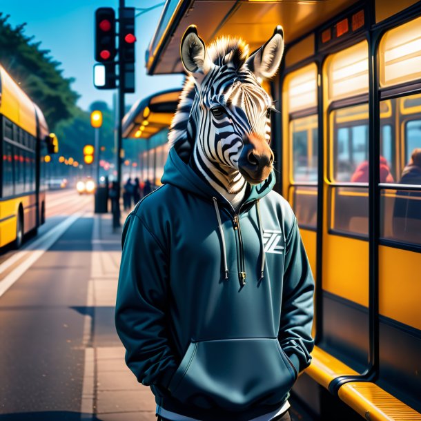 Image of a zebra in a hoodie on the bus stop