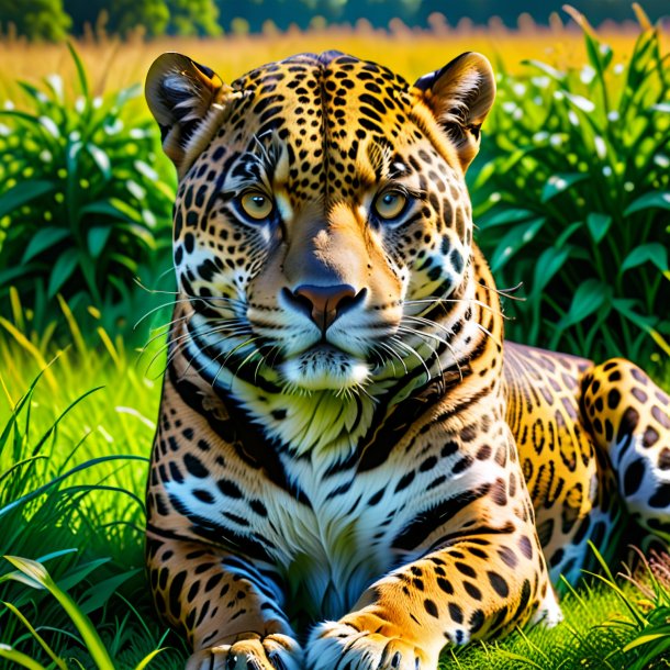 Imagen de un descanso de un jaguar en el prado