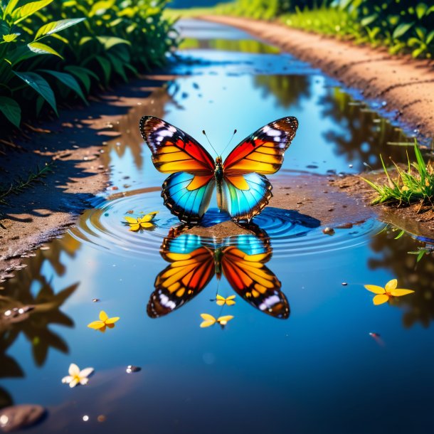 Photo of a waiting of a butterfly in the puddle