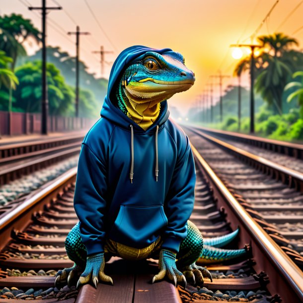 Pic of a monitor lizard in a hoodie on the railway tracks
