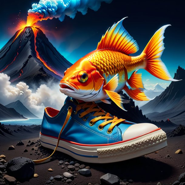 Drawing of a fish in a shoes in the volcano