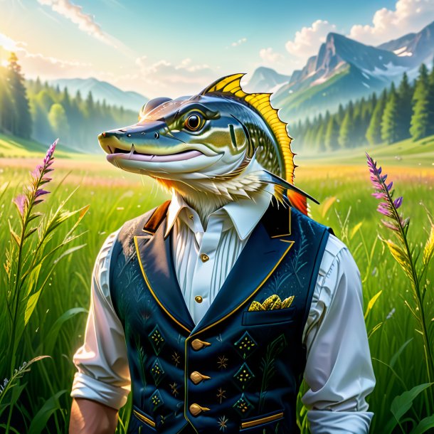 Image of a pike in a vest in the meadow