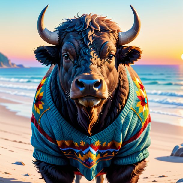 Illustration of a buffalo in a sweater on the beach