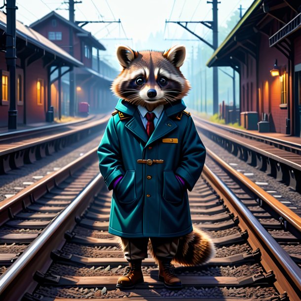 Drawing of a raccoon in a coat on the railway tracks