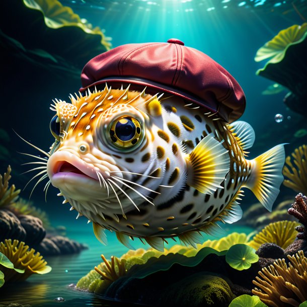 Illustration of a pufferfish in a cap in the river