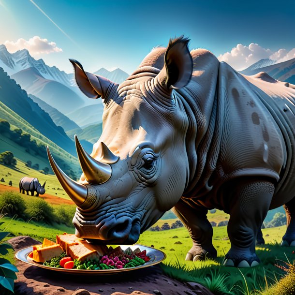 Photo of a eating of a rhinoceros in the mountains