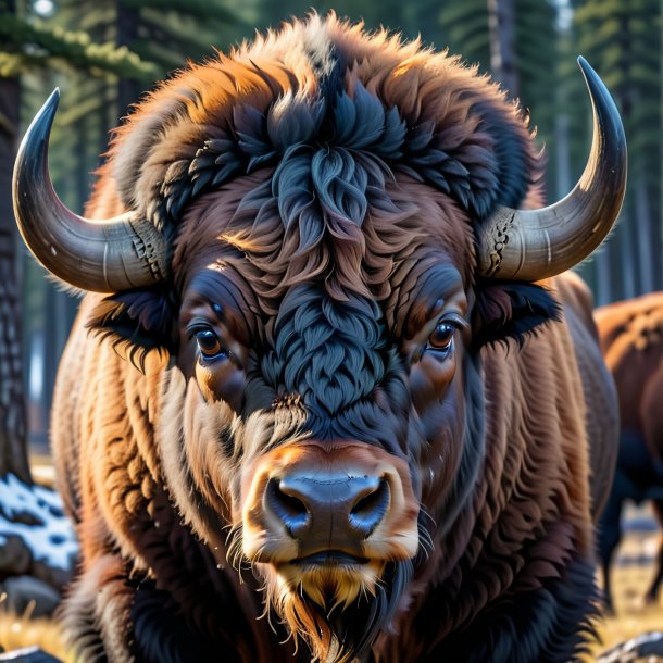 Photo of a bison in a gray cap