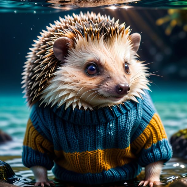 Photo of a hedgehog in a sweater in the water