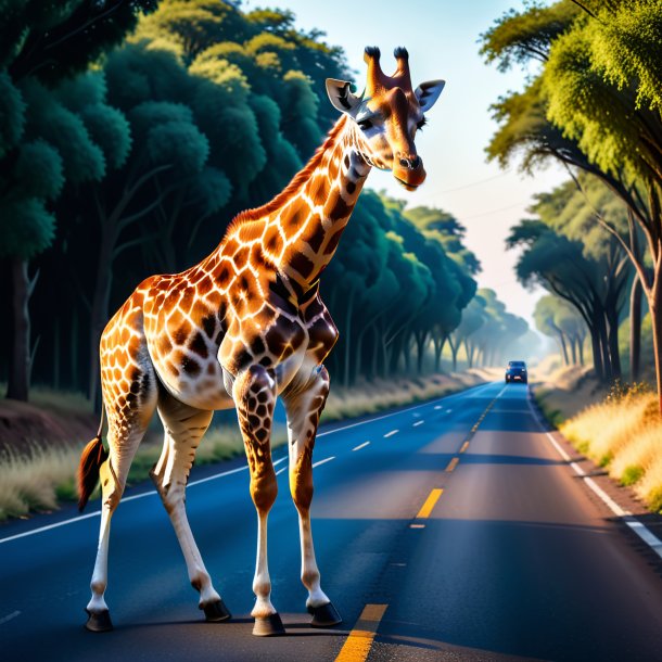 Photo of a giraffe in a gloves on the road