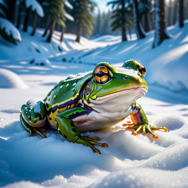 Photo of a swimming of a frog in the snow