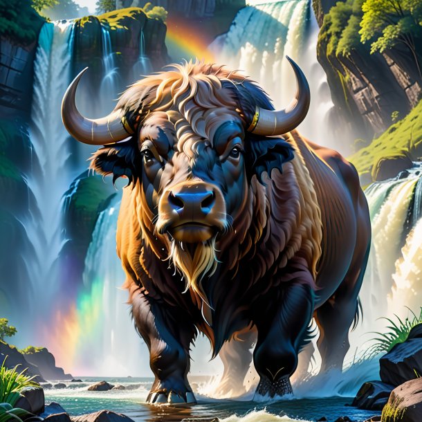 Image of a buffalo in a belt in the waterfall