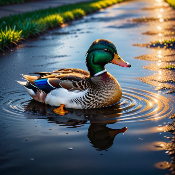 Photo of a playing of a duck in the puddle