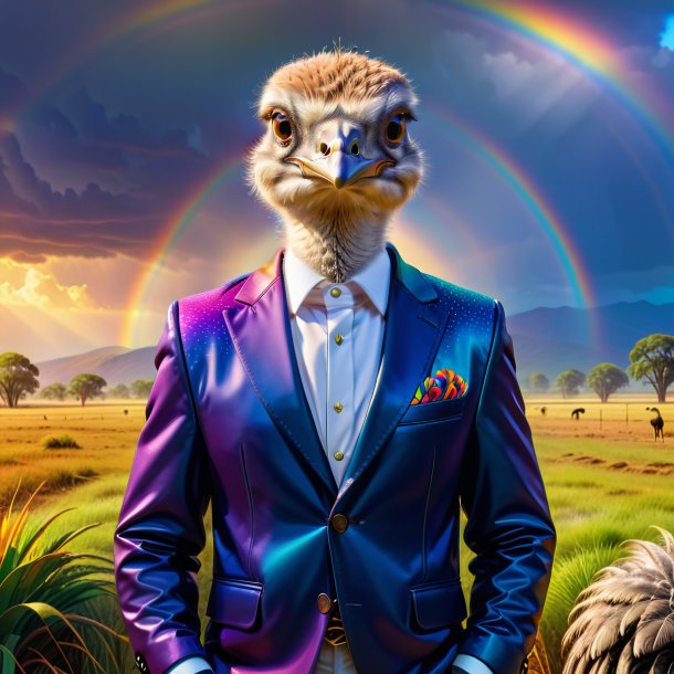 Picture of a ostrich in a jacket on the rainbow