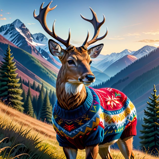 Pic of a deer in a sweater in the mountains