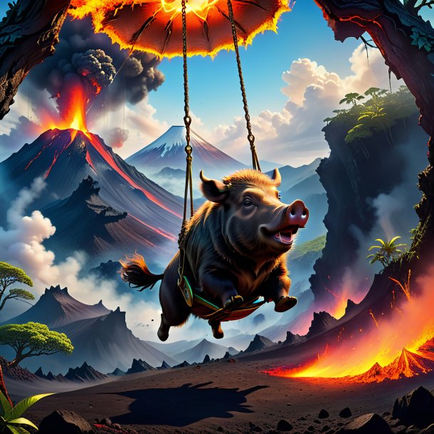 Image of a swinging on a swing of a boar in the volcano