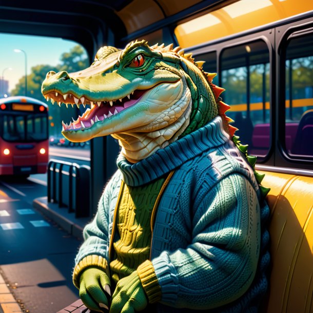 Illustration d'un crocodile dans un pull à l'arrêt de bus