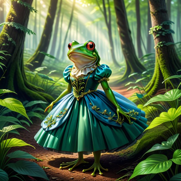 Ilustración de una rana en un vestido en el bosque