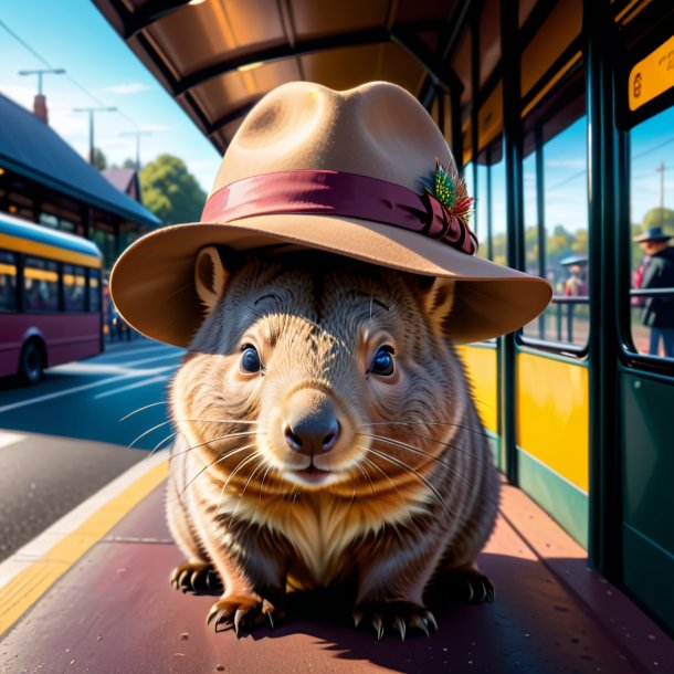 Drawing of a wombat in a hat on the bus stop