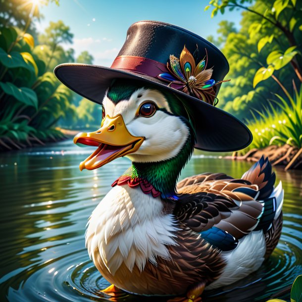 Illustration of a duck in a hat in the river