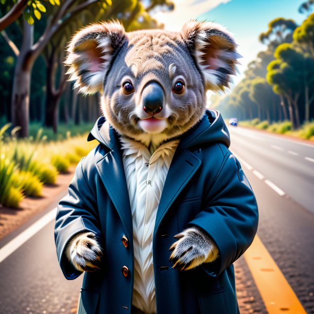 Picture of a koala in a coat on the road